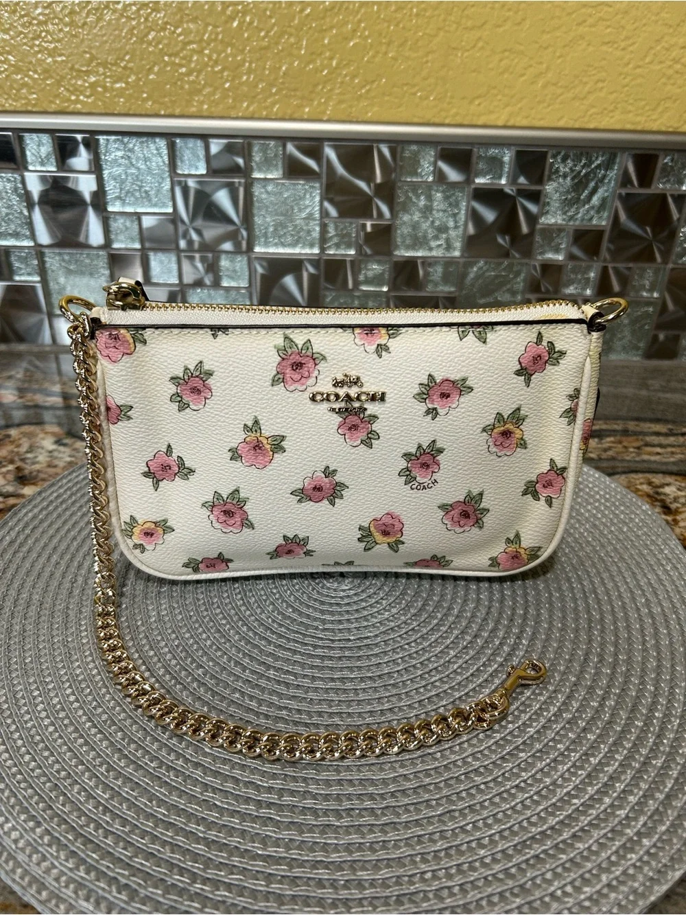 Coach White Floral Chain Clutch and Wristlets with Pink Rose Print